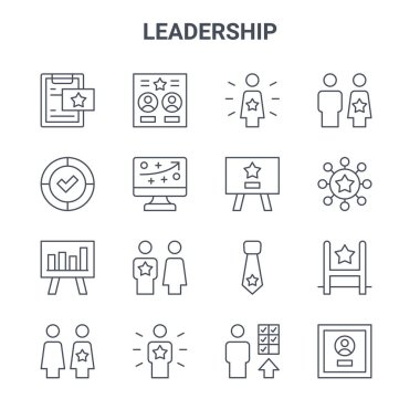 16 liderlik kavramı vektör çizgisi simgesi. 64x64 Eş liderler, kazanan, takım çalışması, beraberlik, lider, ödül, terfi, sunum, lider gibi ince vuruş simgeleri