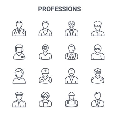 16 meslek konsept vektör çizgisi simgesi. 64x64 İnce vuruş simgeleri: Rahip, bebek bakıcısı, hemşire, yönetici, öğretmen, müdür, tesisatçı, fırıncı