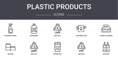 Plastik ürünler konsept çizgisi simgeleri. Web, logo, deterjan, sulama kutusu, blok, kahve fincanı, geri dönüşüm, ketçap, halı temizleyici, geri dönüşüm gibi simgeler içerir