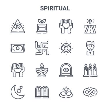 16 ruhani konsept vektör çizgisi simgesi. 64x64 Çay, dua, rahip, pencere, emir, sonsuz, lotus, göz, yol gibi ince vuruş simgeleri