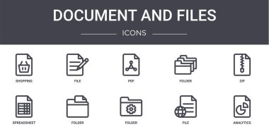 belge ve dosyalar konsept satır simgeleri ayarlandı. Dosya, dizin, hesap tablosu, dizin, dosya, analitik, zip, pdf gibi web, logo, ui / ux gibi simgeler içerir
