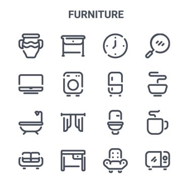 16 mobilya konsept vektör çizgisi simgesi. Masa, bilgisayar, kase, tuvalet, masa, mikrodalga, koltuk, buzdolabı, tava gibi 64x64 ince vuruş simgeleri