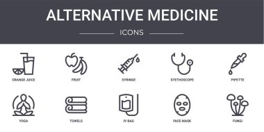 Alternatif tıp konsept çizgisi simgeleri. Web, logo, ui / ux, meyve, steteskop, yoga, serum, yüz maskesi, mantar, pipette, şırınga gibi simgeler içerir