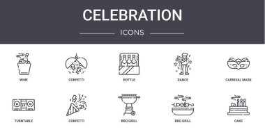 Kutlama çizgisi simgeleri ayarlandı. Web, logo, ui / ux, konfeti, dans, turntable, bbq Grill, bbq Grill, kek, karnaval maskesi, şişe gibi simgeler içerir