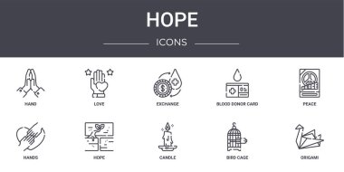 Umut çizgisi simgeleri ayarlandı. Web, logo, ui / ux gibi simgeler içerir. Kan bağışı kartı, eller, mum, kuş kafesi, origami, barış, takas