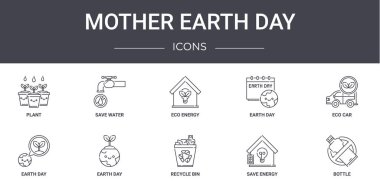 Toprak Ana Günü konsept çizgisi simgeleri ayarlandı. Web, logo, su, toprak günü, toprak günü, geri dönüşüm kutusu, enerji, şişe, eko-araba, eko-enerji tasarrufu gibi simgeler içerir