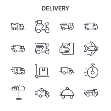 16 dağıtım konsept vektör çizgisi simgesi seti. 64x64 Scooter, kamyon, uçak, kamyon, kamyon, fast food gibi ince vuruş simgeleri,