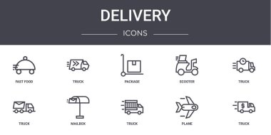 Dağıtım konsepti simgeleri ayarlandı. Web, logo, ui / ux, kamyon, scooter, kamyon, kamyon, uçak, paket gibi simgeler içerir