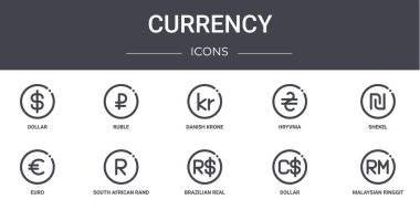 Döviz konsepti simgeleri ayarlandı. Web, logo, ui / ux, ruble, hryvnia, euro, brezilya gerçel, dolar, malezya ringgit, şekel, Danimarka kronu gibi simgeler içerir