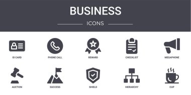 İş konsepti simgeleri ayarlandı. Web, logo, ui / ux, telefon görüşmesi, kontrol listesi, açık artırma, kalkan, hiyerarşi, kupa, megafon, ödül gibi simgeler içerir