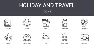 tatil ve seyahat konsept çizgisi simgeleri ayarlandı. Web, logo, ui / ux, dünya, mayo, uçak, güneş, daire, kamera, sandalet, içecek gibi simgeler içerir