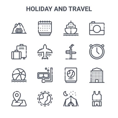 16 tatil ve seyahat konsepti vektör çizgisi simgesi seti. 64x64 Takvim, seyahat çantası, zaman, pasaport, dünya, mayo, kamp, yol, kamera gibi ince vuruş simgeleri