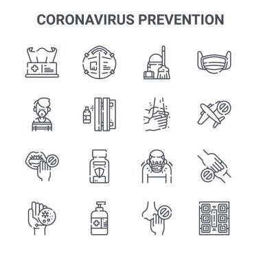 16 koronavirüs önleme konsept vektör çizgisi simgesi. 64x64 medikal maske, tıbbi maske, seyahat yok, öksürük yok, el sabunu, sosyalleşme, dokunma, el yıkama, tıbbi maske
