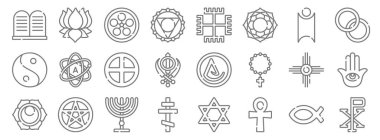 ruhani semboller çizgi simgeleri. Doğrusal küme. Chi Rho, Ankh, Ortodoks Haçı, Svadhishthana, Amerikan yerlisi, ruhani, paganizm, ayyavazhi gibi kalite vektör çizgisi