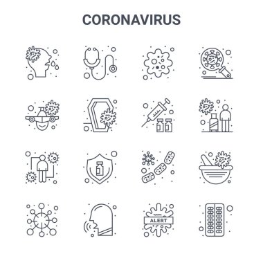 16 koronavirüs konsept vektör çizgisi simgesi. 64x64 Stetoskop, virüs bulaşması, turist, virüs, öksürük, hap, alarm, ilaç, araştırma gibi ince vuruş simgeleri