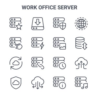 16 iş yeri sunucusu konsept vektör çizgisi simgesi. Sunucu depolama, seçim, veri transferi, zamanlayıcı, bağlantı, müzik, bilgi, resim, internet gibi 64x64 ince vuruş simgeleri