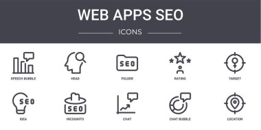 Web uygulamaları seo konsept çizgi simgeleri ayarlandı. Web, logo, ui / ux, kafa, derecelendirme, fikir, sohbet, sohbet balonu, konum, hedef, dizin gibi simgeler içerir