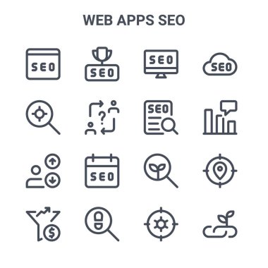 16 web uygulaması seo konsept vektör çizgisi simgeleri. 64x64 İnce vuruş simgeleri örneğin kupa, arama, konuşma balonu, arama, arama, vegan, ayar, arama, bulut