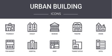 Kentsel yapı konsept çizgisi simgeleri ayarlandı. Web, logo, ui / ux, dağ evi, tiyatro, balık pazarı, dükkan, turizm bürosu, otel, ev, müze gibi simgeler içerir