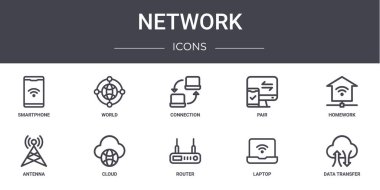 ağ konsepti simgeleri ayarlandı. Web, logo, ui / ux, world, two, antenna, router, laptop, data transferi, ev ödevi, bağlantı gibi simgeler içerir