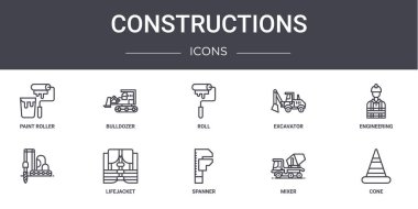 Yapılandırma konsepti çizgisi simgeleri ayarlandı. Ağ, logo, buldozer, kazıcı, anahtar, karıştırıcı, koni, mühendislik, rulo gibi kullanılabilir simgeler içerir
