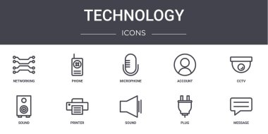 Teknoloji konsepti simgeleri ayarlandı. Web, logo, ui / ux, telefon, hesap, ses, ses, fiş, mesaj, CCTV, mikrofon gibi simgeler içerir