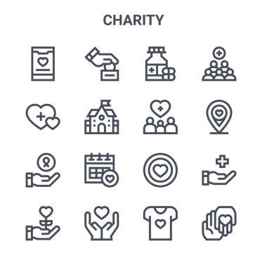 16 tane hayır kurumu konsepti vektör çizgisi simgesi. 64x64 İnce vuruş simgeleri: Bağış, yardım, bağış, bağış, bağış, kadın, destek, ekleme