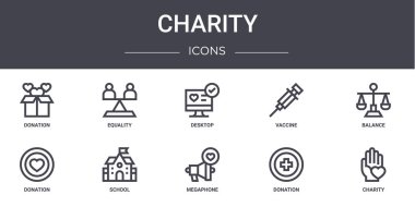 Hayır işi konsepti simgeleri ayarlandı. Web, logo, ui / ux, eşitlik, aşı, bağış, megafon, bağış, yardım, denge, masaüstü gibi simgeler içerir