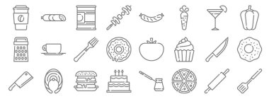 Gastronomi çizgisi simgeleri. Doğrusal küme. Yemek pişirme, pizza, pasta, satır bıçağı, bıçak, çatal, dolma biber, sosis, sosis gibi kalite vektör dizileri