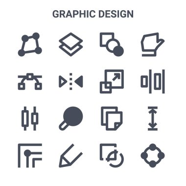 16 grafik tasarım konsept vektör çizgisi simgesi. 64x64 Katmanlar, düğümler, hizalama, kopyalama, kalem, düğümler, kesişme, yeniden boyutlandırma, el