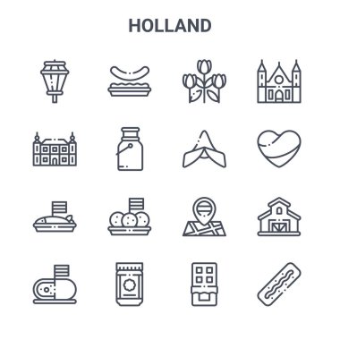 16 Holland konsept vektör çizgisi simgesi. 64x64 ince vuruş simgeleri, pul saksısı, ba, holland, haritalar, spekülasyonlar, kroket, çikolata, holland, ridderzaal