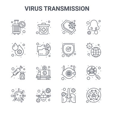 16 virüs iletim konsepti vektör çizgisi simgesi seti. 64x64 ilk yardım kiti, kan hücresi, enfeksiyon, tıbbi maske, uçuş yok, biyolojik tehlike, koruma, burun akışı gibi ikonlar