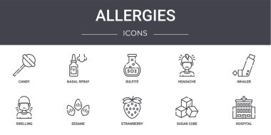Alerji konsepti çizgisi simgeleri ayarlandı. Ağ, logo, burun spreyi, baş ağrısı, şişkinlik, çilek, şeker küpü, hastane, astım spreyi, sülfit gibi ikonlar içerir.