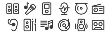 12 set doğrusal müzik arayüzü simgesi. Radyo kaseti, müzik çalar, hoparlör, müzik çalar, ipod, internet için karaoke, mobil gibi ince taslak simgeler