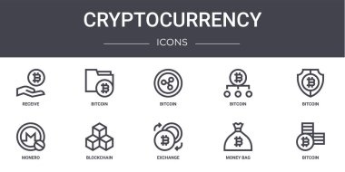 Kripto para birimi konsept çizgisi simgeleri ayarlandı. Web, logo, ui / ux, bitcoin, bitcoin, monero, exchange, money bag, bitcoin gibi simgeler içerir,