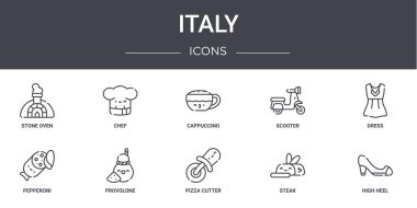İtalya konsept çizgisi simgeleri ayarlandı. Web, logo, ui / ux, şef, scooter, pepperoni, pizza kesicisi, biftek, yüksek topuk, elbise, cappuccino gibi simgeler içerir