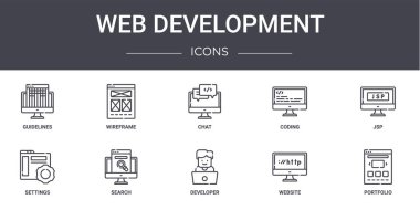 Web geliştirme konsepti simgeleri ayarlandı. Web, logo, wirefram, kodlama, ayarlar, geliştirici, web sitesi, portföy, jsp, chat gibi simgeler içerir