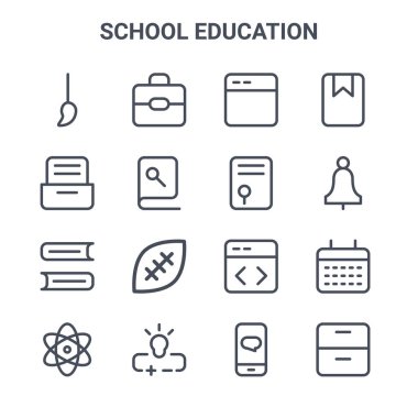 16 okul eğitimi konsepti vektör çizgisi simgesi. 64x64 Okul çantası, dolap, çan, kodlama, dolap, sohbet, mezuniyet, yer imi gibi ince vuruş simgeleri