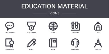 Eğitim materyali konsept çizgisi simgeleri. Web, logo, ui / ux, kamera, test tüpü, sertifika, kitap, kulaklık, bölme, çanta, dünya gibi simgeler içerir
