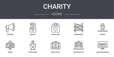 Hayır işi konsepti simgeleri ayarlandı. Web, logo, ui / ux, rapor, depo, skor, ilk yardım kiti, su şişesi, çevrimiçi bağış, konuşma, para kutusu gibi simgeler içerir