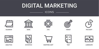 Dijital pazarlama konsept çizgisi simgeleri ayarlandı. Web, logo, ui / ux, banka, hedef, analitik, alışveriş arabası, test, manzara, turta grafiği, Cpu gibi simgeler içerir