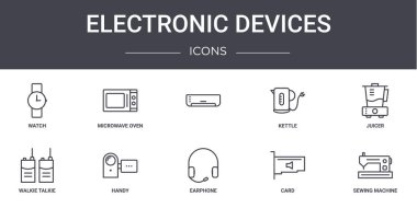 Elektronik aygıtlar konsept çizgi simgeleri ayarlandı. Web, logo, ui / ux, mikrodalga fırın, çaydanlık, telsiz, kulaklık, kart, dikiş makinesi, meyve sıkacağı gibi simgeler içerir,
