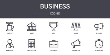 İş konsepti simgeleri ayarlandı. Web, logo, ui / ux, banka, skaler, çalışan, bavul, promosyon, kronometre, hoparlör, fincan gibi simgeler içerir