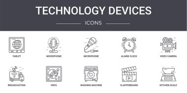 Teknoloji cihazları konsept çizgi simgeleri ayarlandı. Web, logo, ui / ux, mikrofon, alarm saati, yayın, çamaşır makinesi, klaket, mutfak ölçeği, video kamera gibi simgeler içerir,
