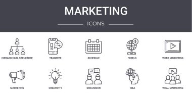 Pazarlama konsepti simgeleri ayarlandı. Web, logo, ui / ux, transfer, dünya, pazarlama, tartışma, fikir, viral pazarlama, video takvimi gibi simgeler içerir