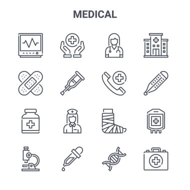 16 tıbbi konsept vektör çizgisi simgesi. 64x64 sağlık, bandaj, termometre, bandaj, sargı bezi, damlatıcı, ilk yardım çantası, DNA, acil durum çağrısı, hastane
