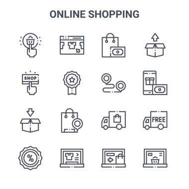 16 adet online alışveriş konsepti vektör çizgisi simgesi. 64x64 Tişört, dükkan, para, teslimat arabası, dizüstü bilgisayar, alışveriş çantası, konum, kutu gibi ince vuruş simgeleri