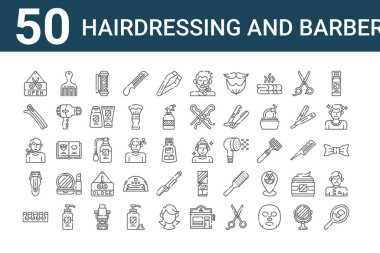50 set kuaför ve berber ikonu. Ayna, ayak parmağı ayırıcı, elektrikli traş makinesi, saç kesimi, saç tarağı, cilt bakımı gibi ince çizgi simgeleri