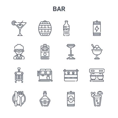 16 çubuk konsept vektör çizgisi simgesi kümesi. 64x64 İnce vuruş simgeleri varil, kapıcı, dondurma, bira kutusu, viski, kokteyl, bira kutusu, tabure, enerji içeceği gibi