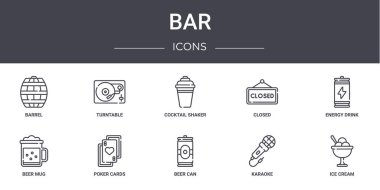 Bar konsepti simgeleri ayarlandı. Web, logo, pi tablosu, kapalı, bira bardağı, bira kutusu, karaoke, dondurma, enerji içeceği, kokteyl karıştırıcı gibi simgeler içerir